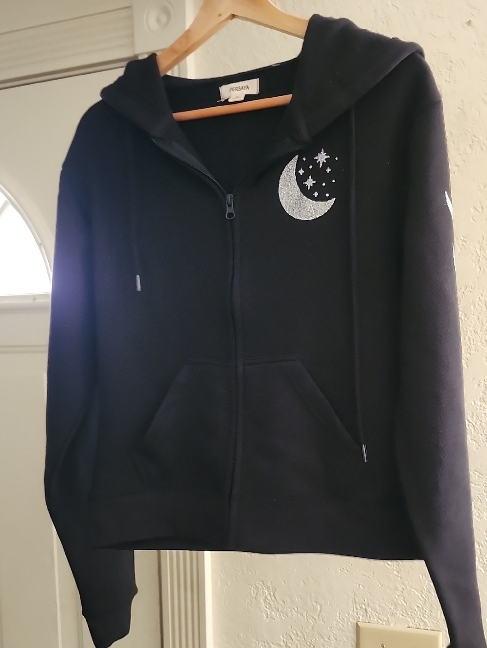 NWT Persaya Black Celestial Moon & Stars Cropped Zip-Up Hoodie Sz S Zip-Up Hoodi